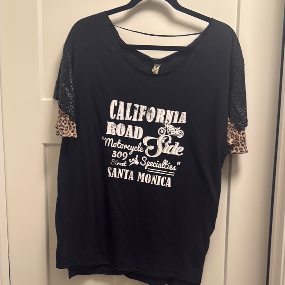 FP We The Free Black Stylish Graphic Tee with Leopard Sleeves